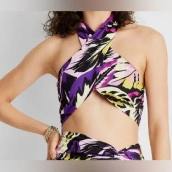 Future Collective x Alani Noelle Tropical Print Halter Crop Top L - Picture 1 of 12